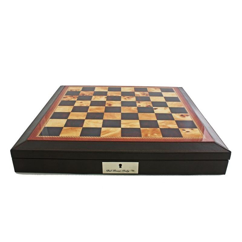 Chess Box  16 Shiny Walnut Board with Brown PU Leather Bevelled Edge