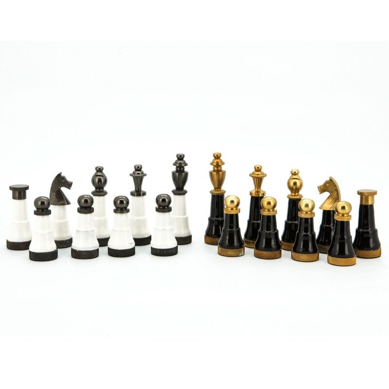 Chess Pieces  Dal Rossi Italy Black and White with Gold and Gun Metal Tops and Bottoms Chessmen 110mm 