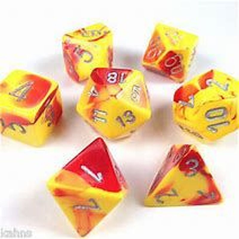 Dice Set RPG  Red Yellow with Silver Dice 7