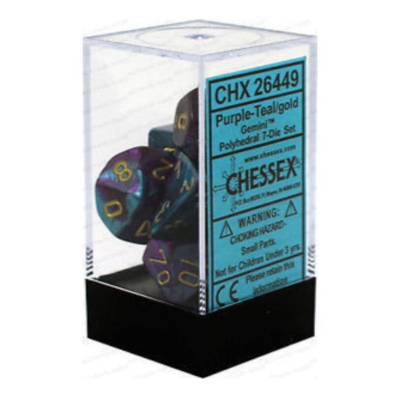 Dice  Chessex  Gemini Polyhedral PurpleTealGold 7 Dice in Display