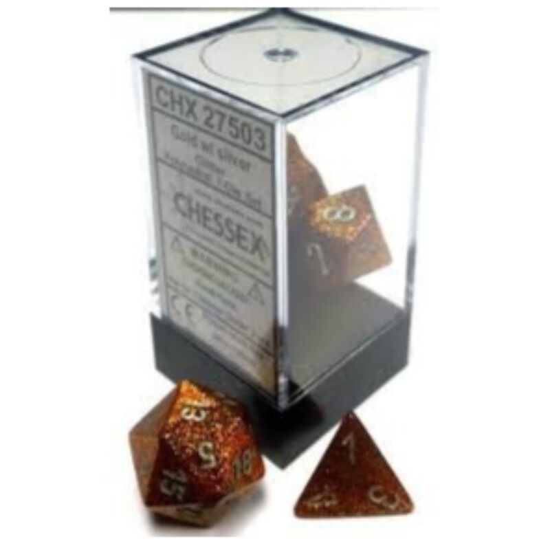 Dice  Chessex  Glitter Polyhedral GoldSilver 7 Dice in Display