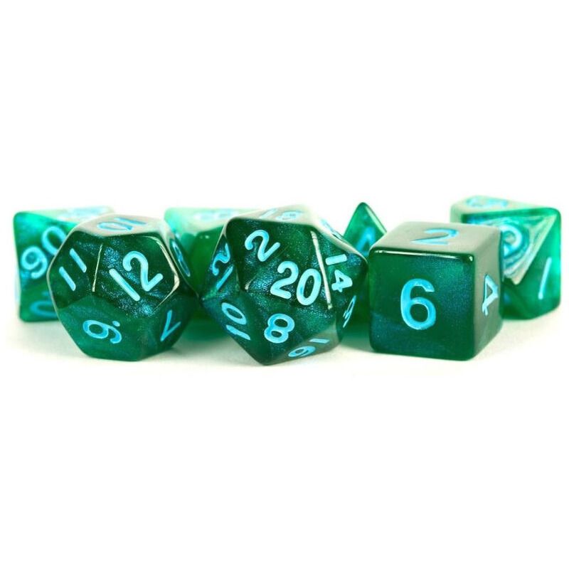 Dice  MDG  Acrylic Set Stardust Green w Blue Numbers