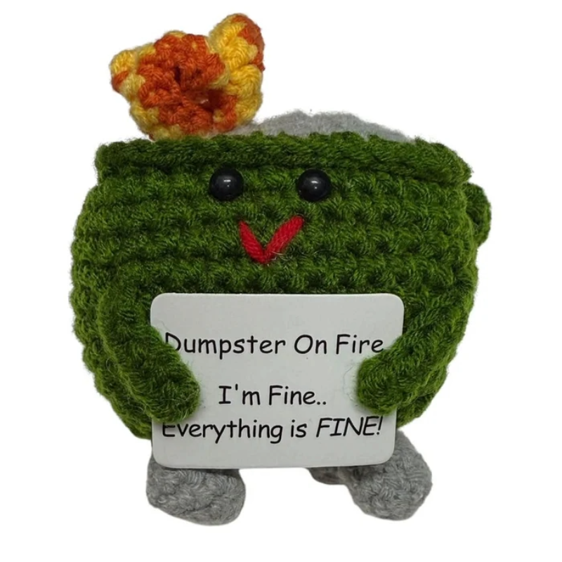 Kaiko  Plush Hand Crochet Supports Mini Dumpster On Fire