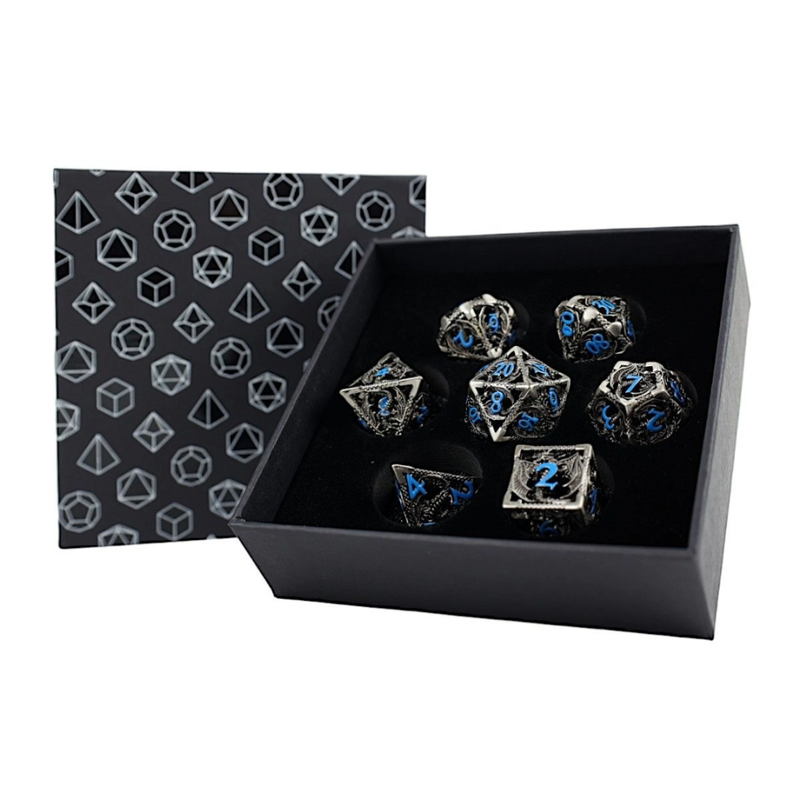 LPG Dice Set Metal RPG  Hollow Dragon  Stainless and Blue