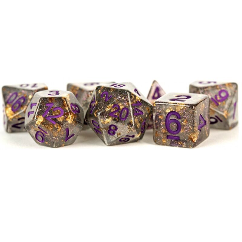 MDG  Resin Dice  Grey with Gold Foil Purple Numbers