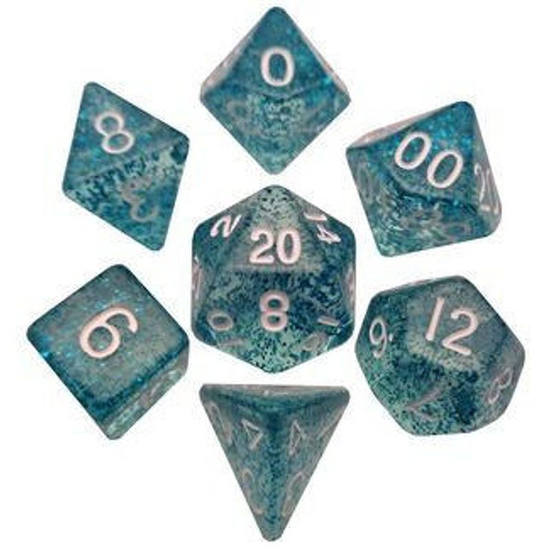 MDG   Acrylic Dice Set White Numbers  Ethereal Light Blue